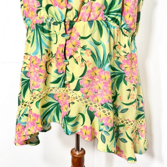 SOLD-Farm Rio Tropical Floral Ruffled Embroidered Peplum Yellow Pink Sleeveless - Picture 4 of 14